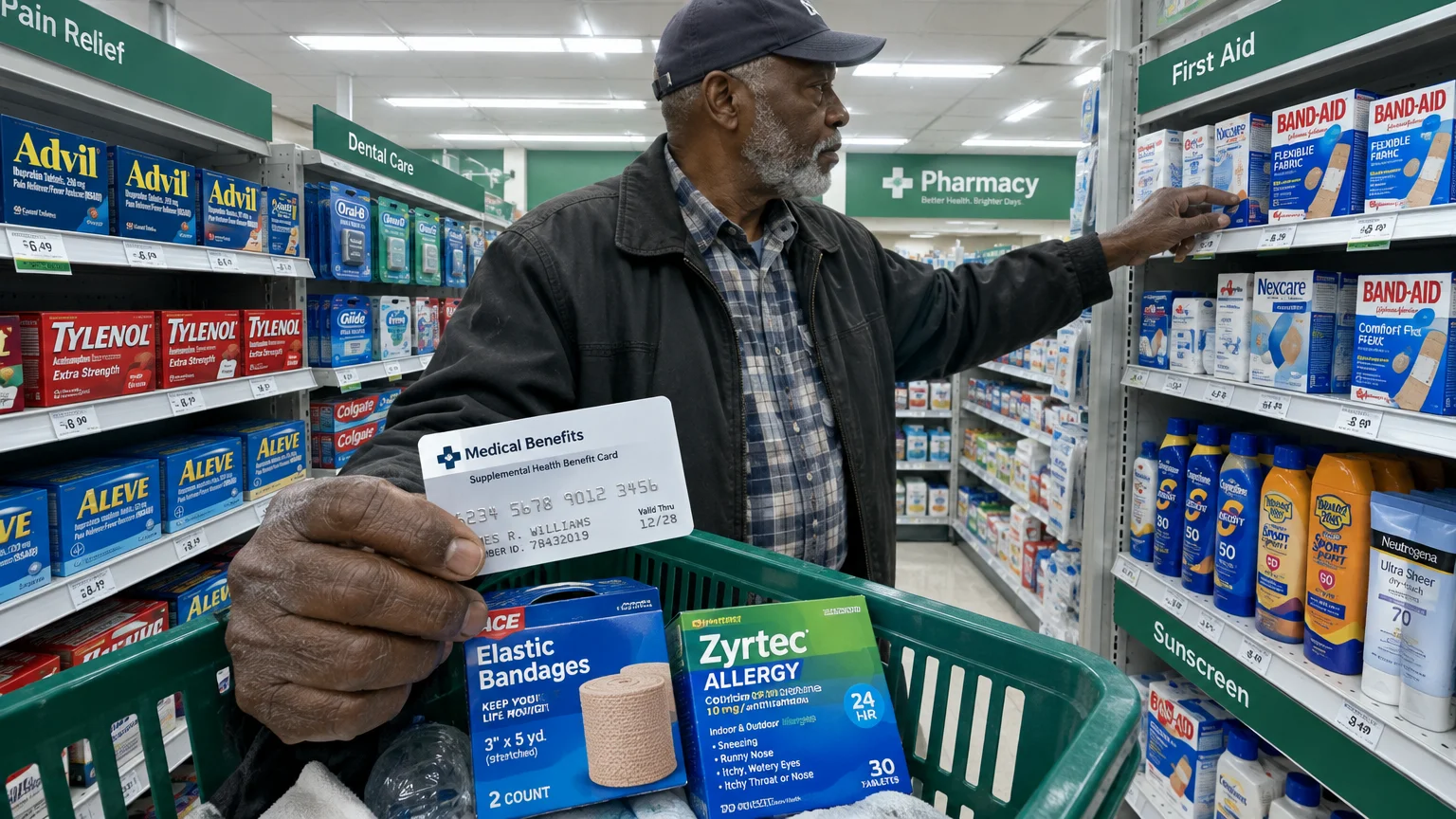 A senior man holds a medical benefits card and shopping basket while browsing over-the-counter medicine shelves in a pharmacy.