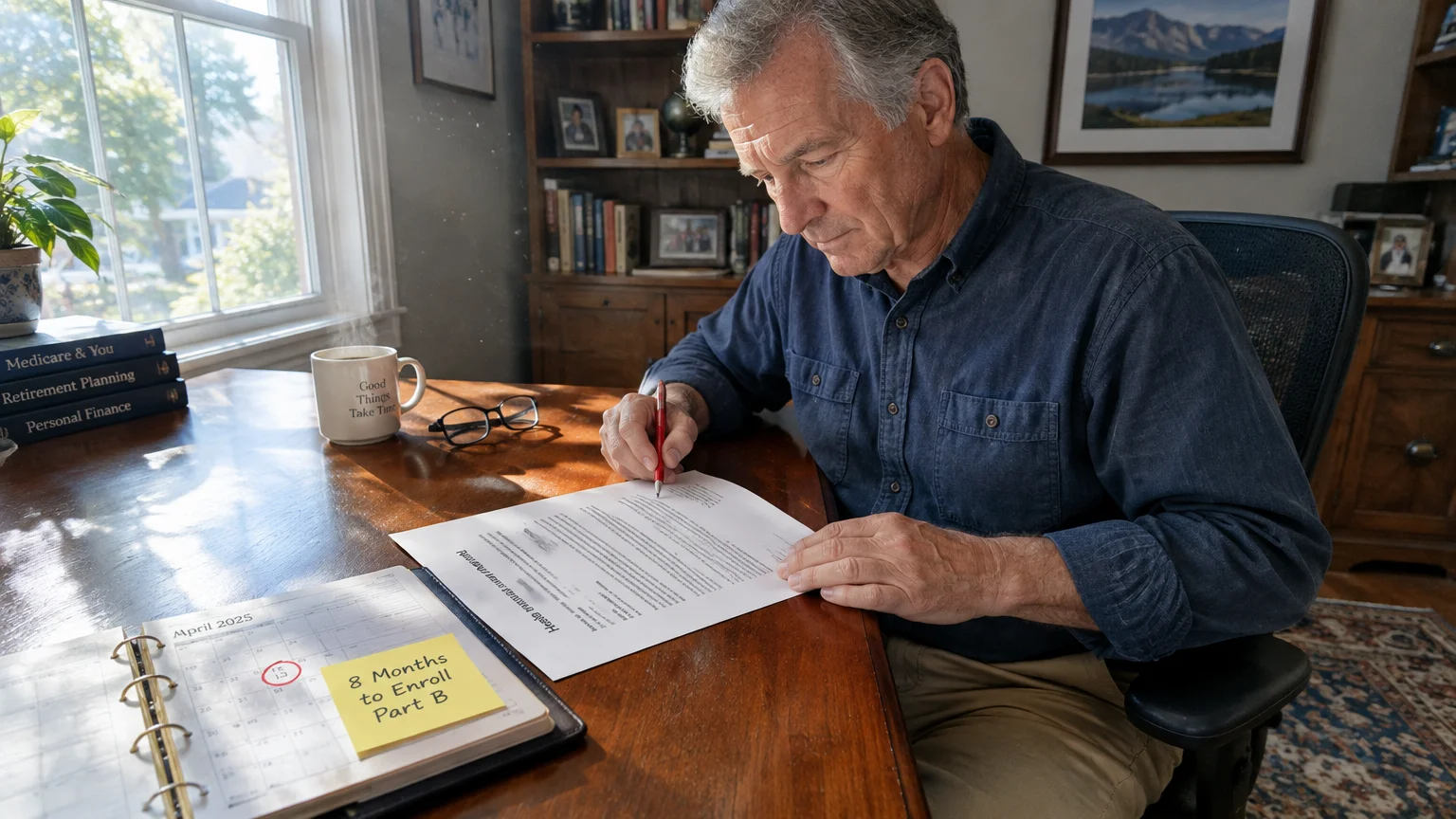A mature man at a desk reviews paperwork next to a calendar with a sticky note reading 8 Months to Enroll Part B.