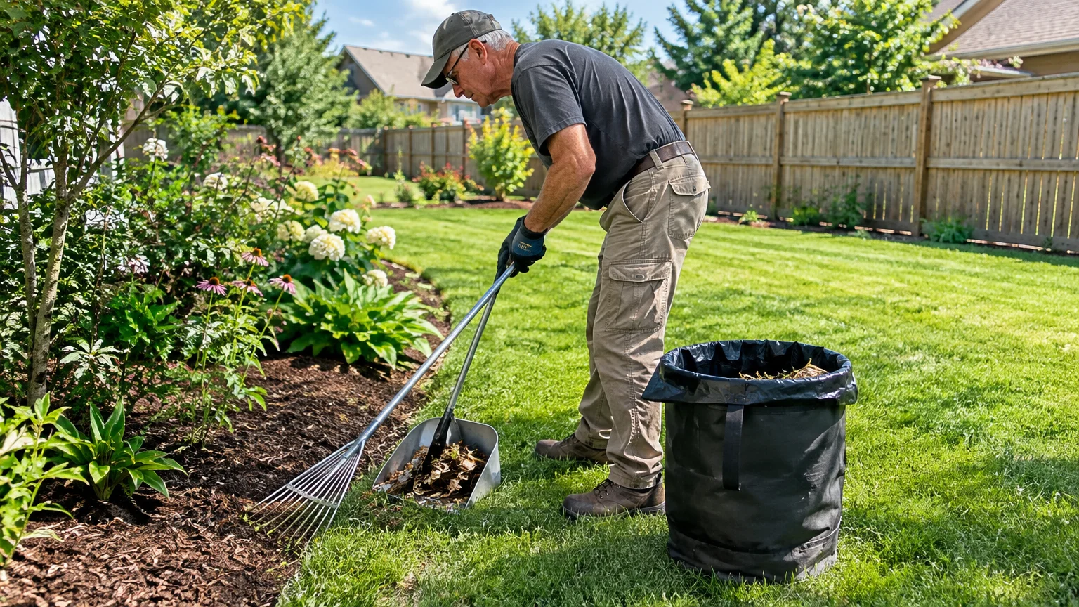 Older man raking yard debris into a metal scoop next to a black waste receptacle on a manicured lawn.
