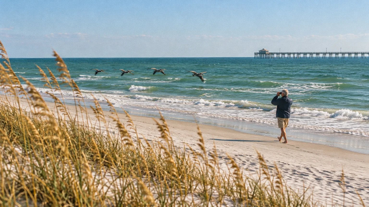 A man with binoculars walks along a sandy beach watching pelicans fly over ocean waves near a distant pier.