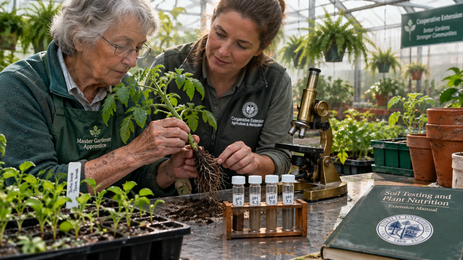 Two women examine the exposed roots of a tomato plant beside soil pH test vials and a microscope in a greenhouse.