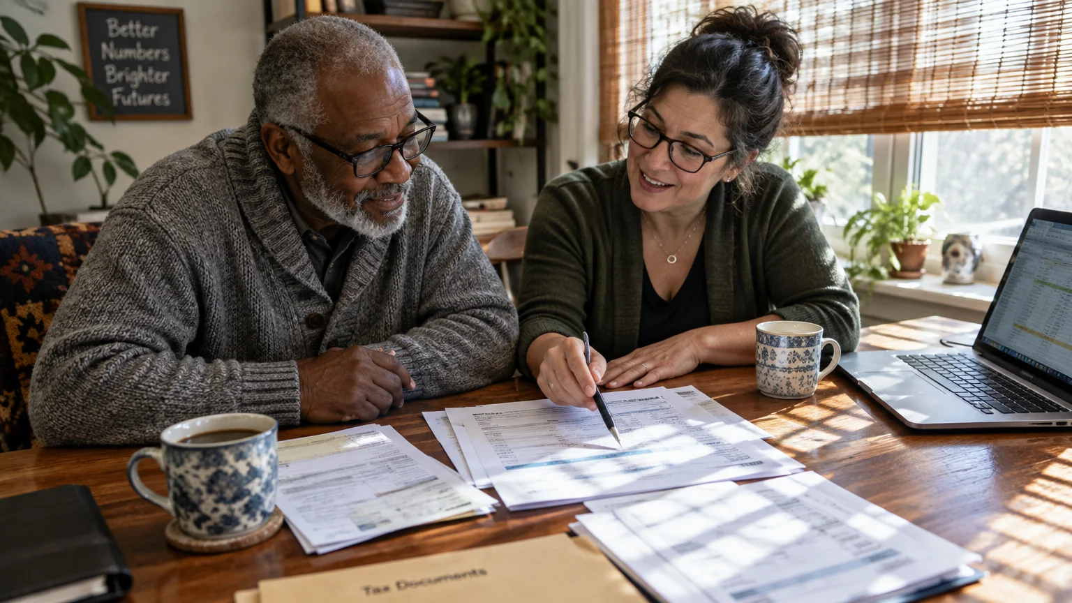 A smiling woman points with a pen at tax documents on a wooden table while an older man looks on beside a laptop.