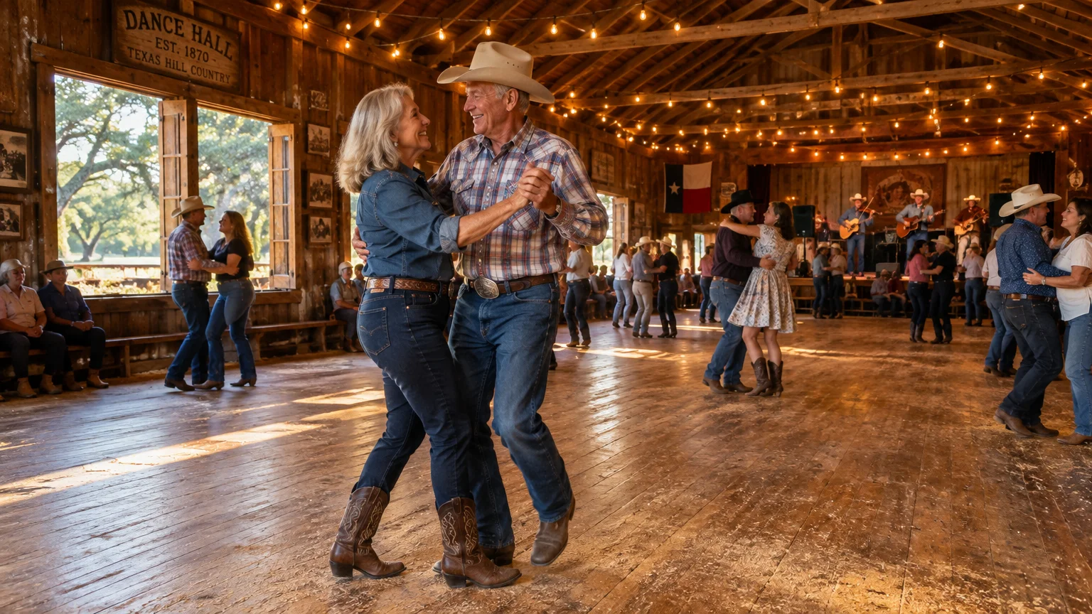 Senior couple two-stepping on a wooden floor inside a rustic Texas dance hall with hanging lights and live band.
