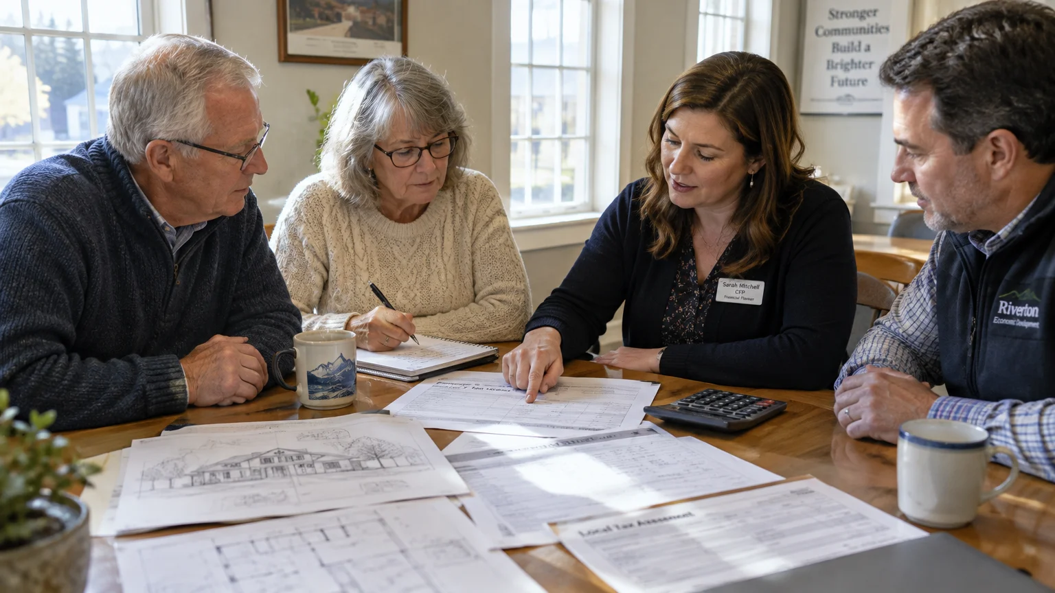 Four people sit around a table reviewing tax forms, financial documents, and architectural house sketches.