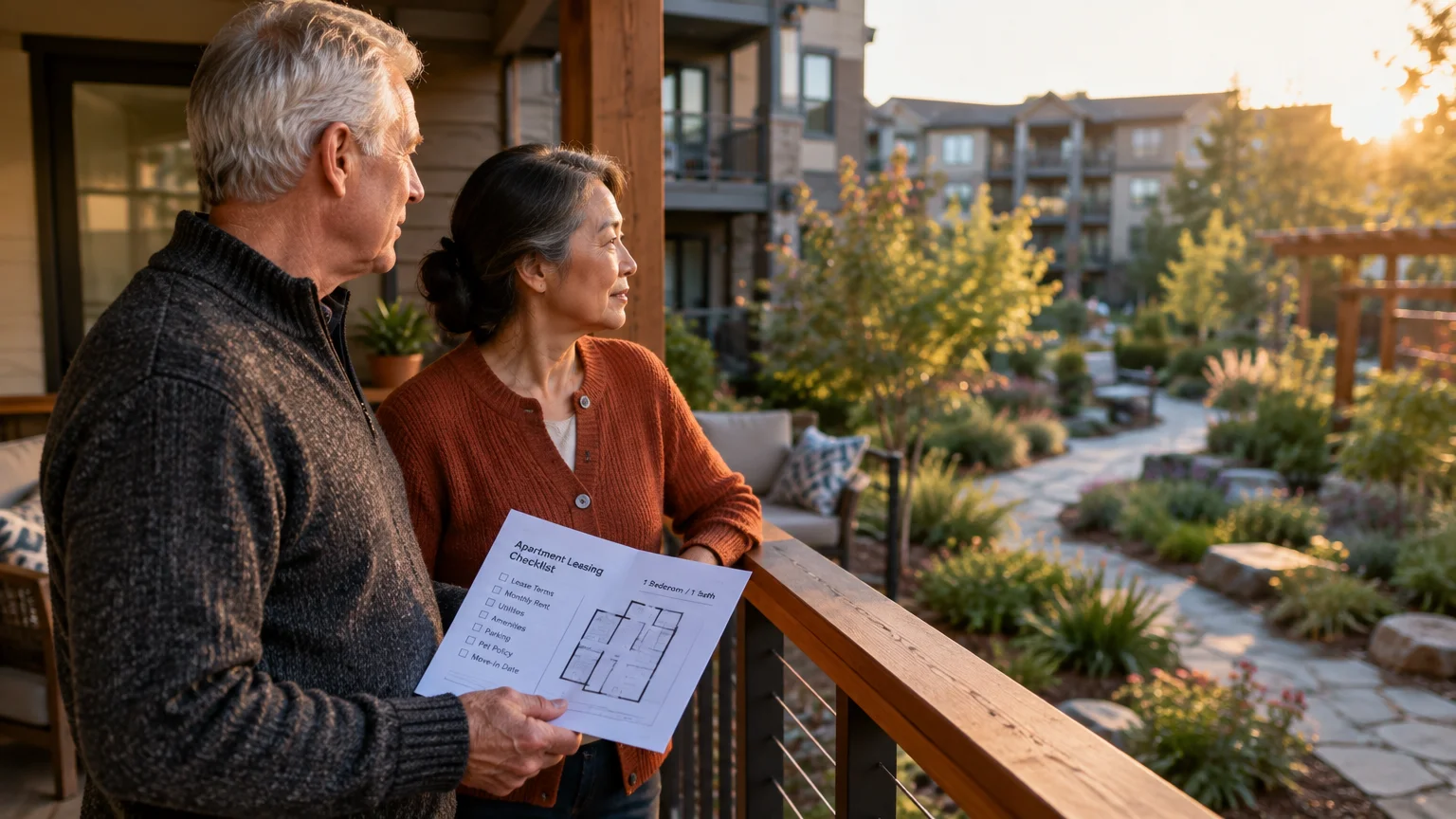An older couple stands on a balcony holding an apartment leasing checklist, looking out over a landscaped courtyard.
