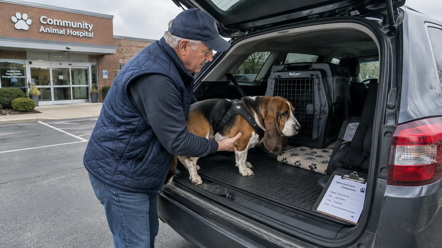 Man helping a basset hound wearing a harness out of an SUV trunk outside an animal hospital with a crate nearby.