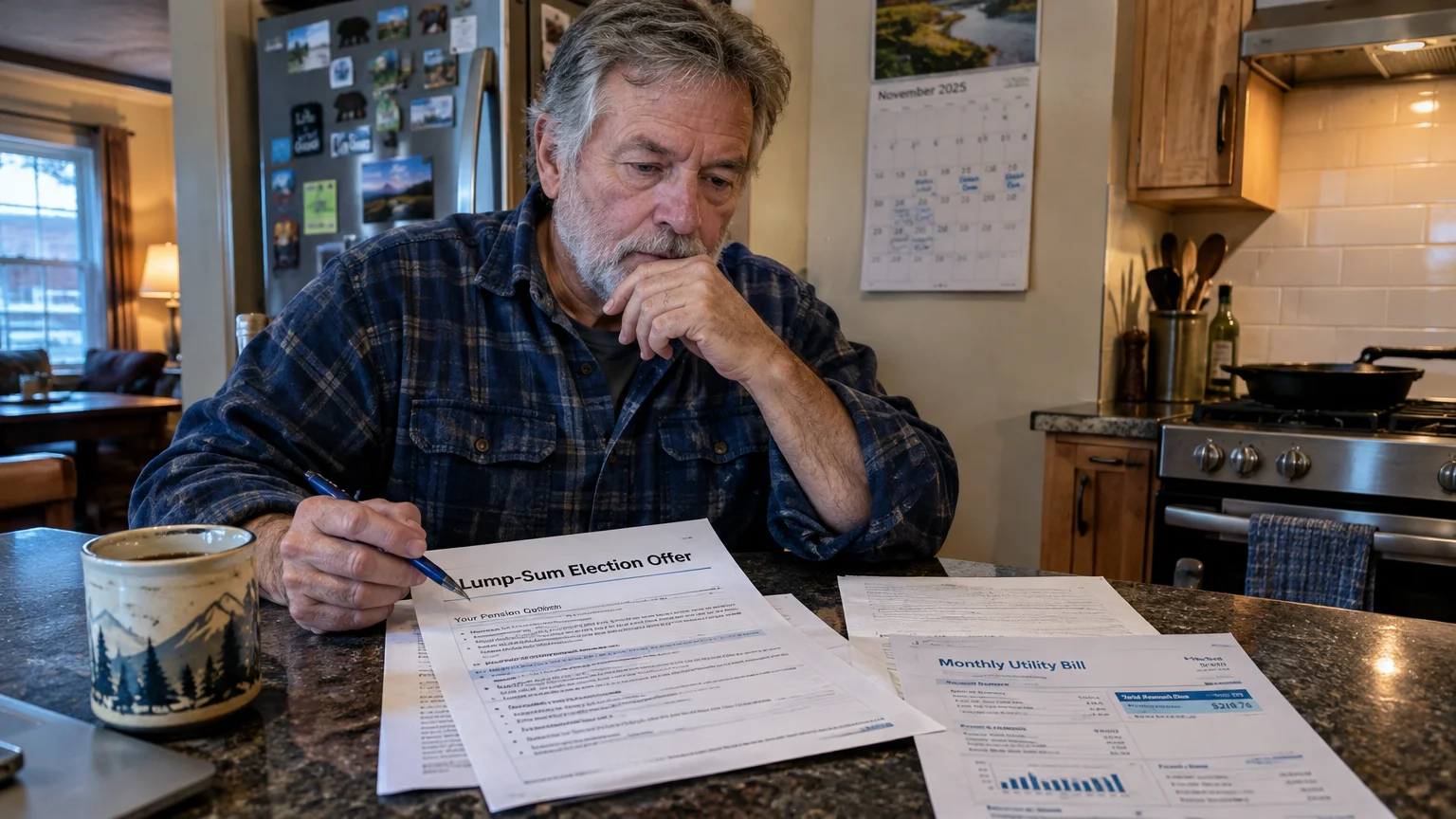 A thoughtful older man sits at a kitchen counter reviewing paperwork titled Lump-Sum Election Offer with a pen in hand.
