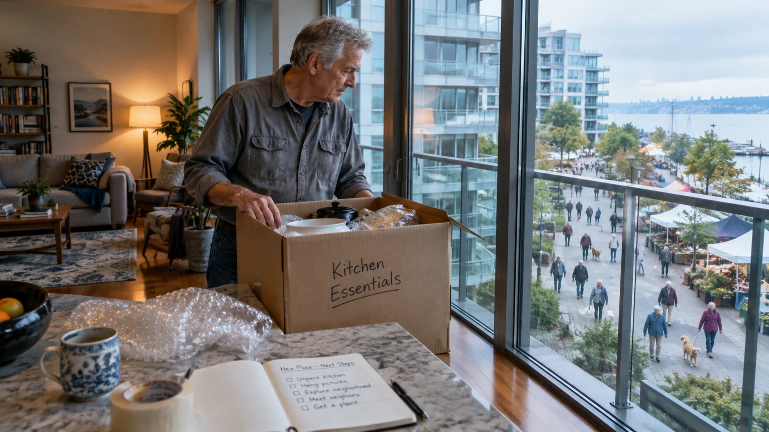 A senior man unboxes kitchen essentials in a modern apartment overlooking an outdoor waterfront promenade.