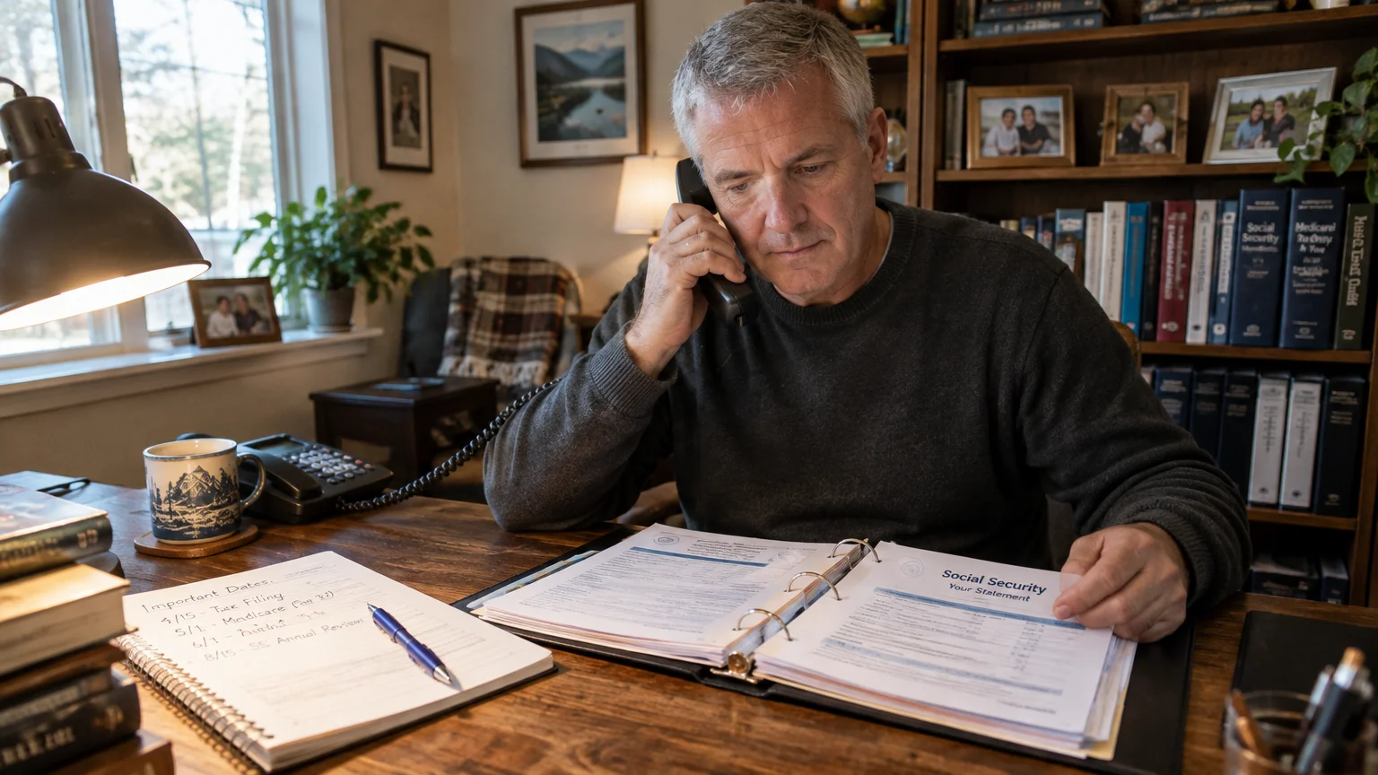 A mature man talking on a landline phone at a wooden desk while reviewing a Social Security statement in a binder.