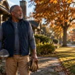 A mature man in a fleece vest holds a gutter guard and work gloves while standing outside a suburban home in autumn.