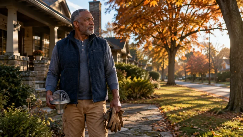 A mature man in a fleece vest holds a gutter guard and work gloves while standing outside a suburban home in autumn.