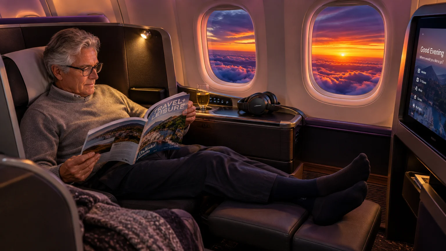 An older man with glasses reads a magazine in a reclined airplane seat beside windows showing a vibrant sunset.