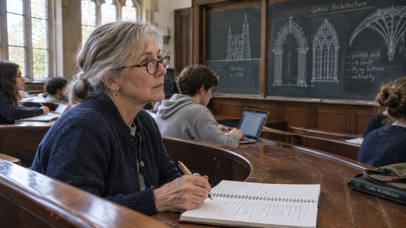 An older woman with glasses takes handwritten notes inside a tiered university lecture hall before a chalkboard.