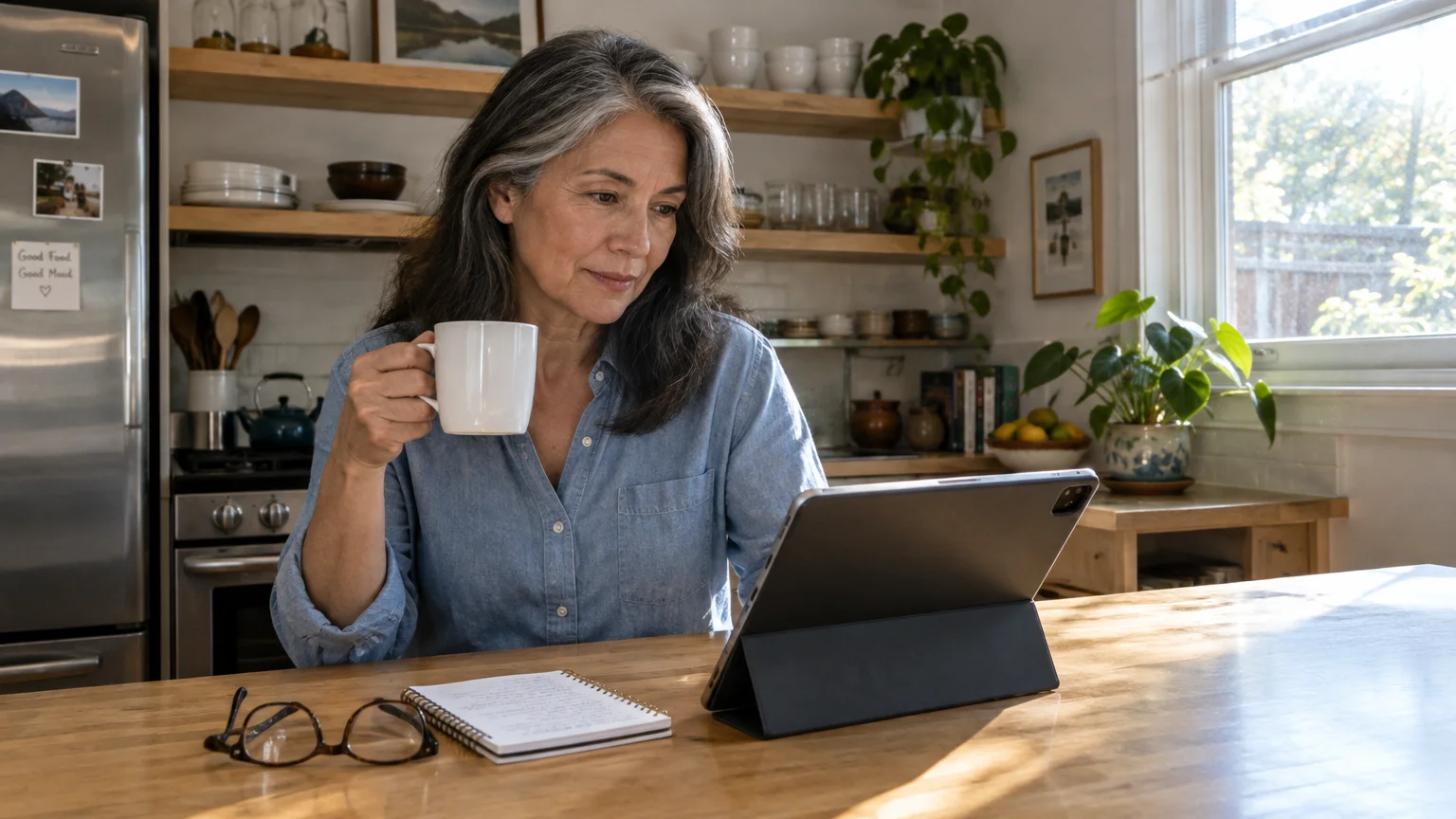 A mature woman sitting at a kitchen table holding a mug while looking at a tablet next to a notepad and glasses.