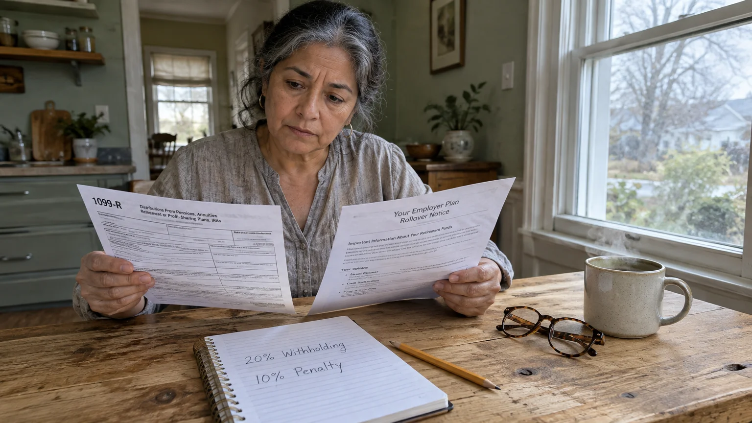 A woman sitting at a wooden table examines a 1099-R tax document and an employer rollover notice beside a notepad.