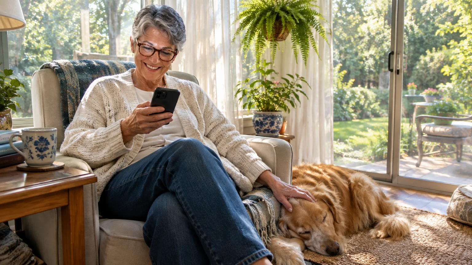 A smiling older woman sits in an armchair looking at her smartphone while resting a hand on a sleeping golden retriever.