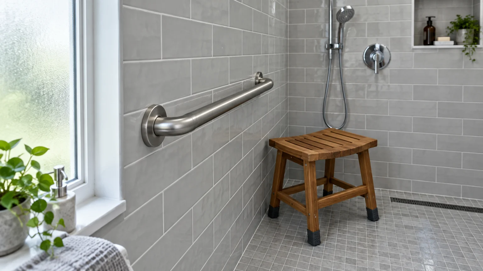 Walk-in tiled shower featuring a metal safety grab bar installed on the wall and a wooden shower stool.