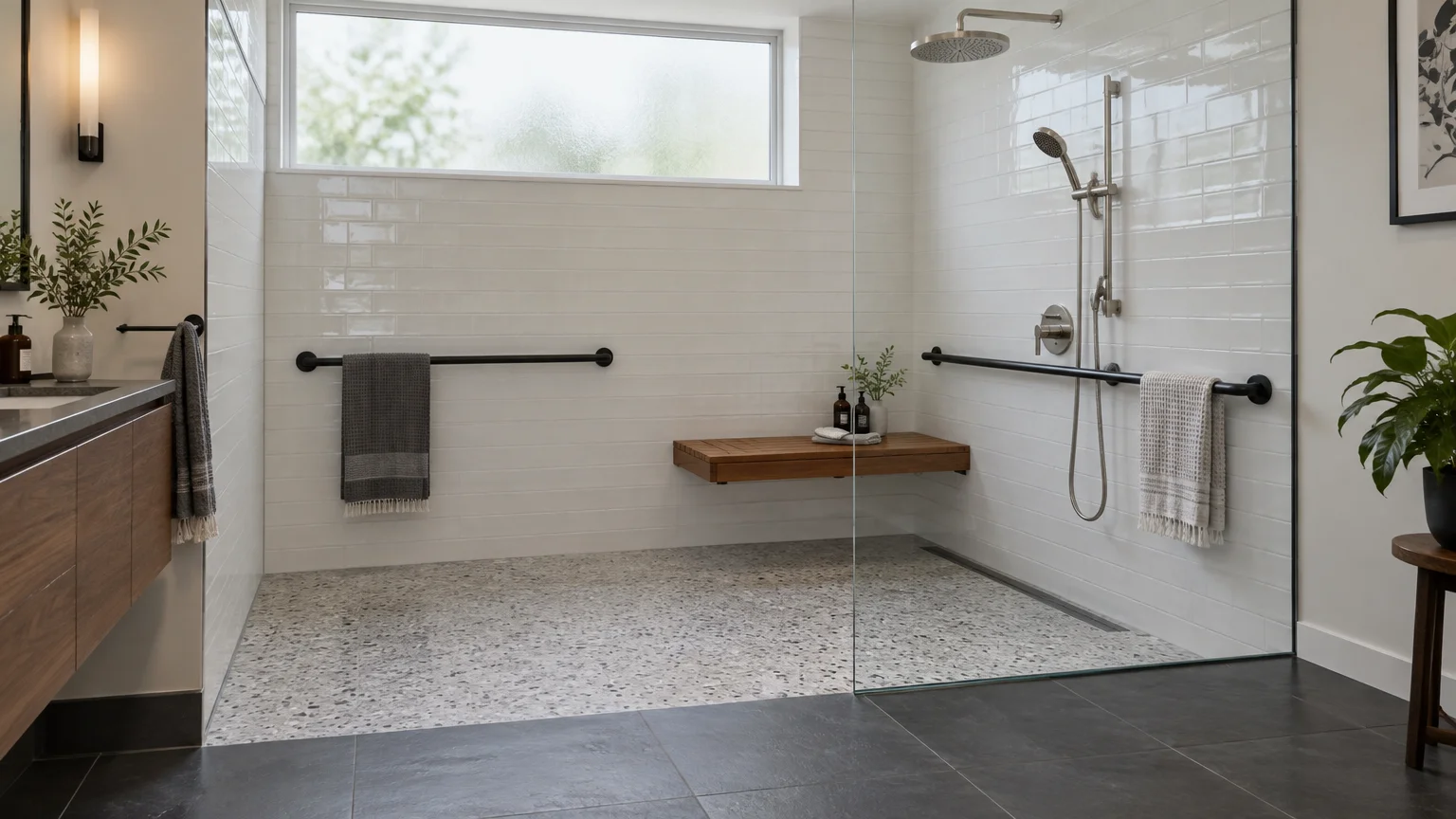 Modern accessible bathroom with a curbless walk-in shower, glass partition, wooden wall bench, and matte black grab bars.