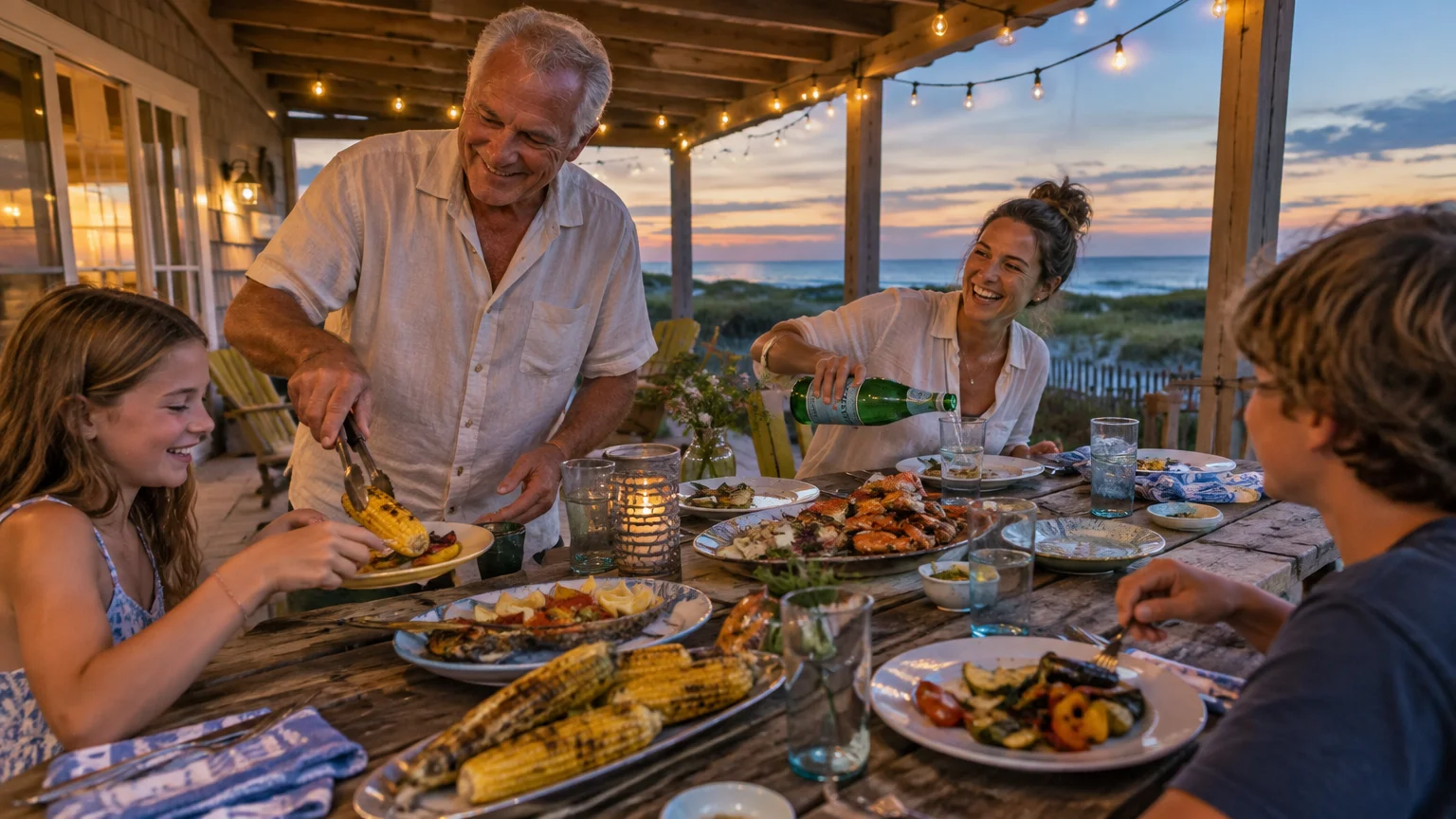 Multigenerational family having dinner together at a wooden patio table overlooking a beach at sunset.