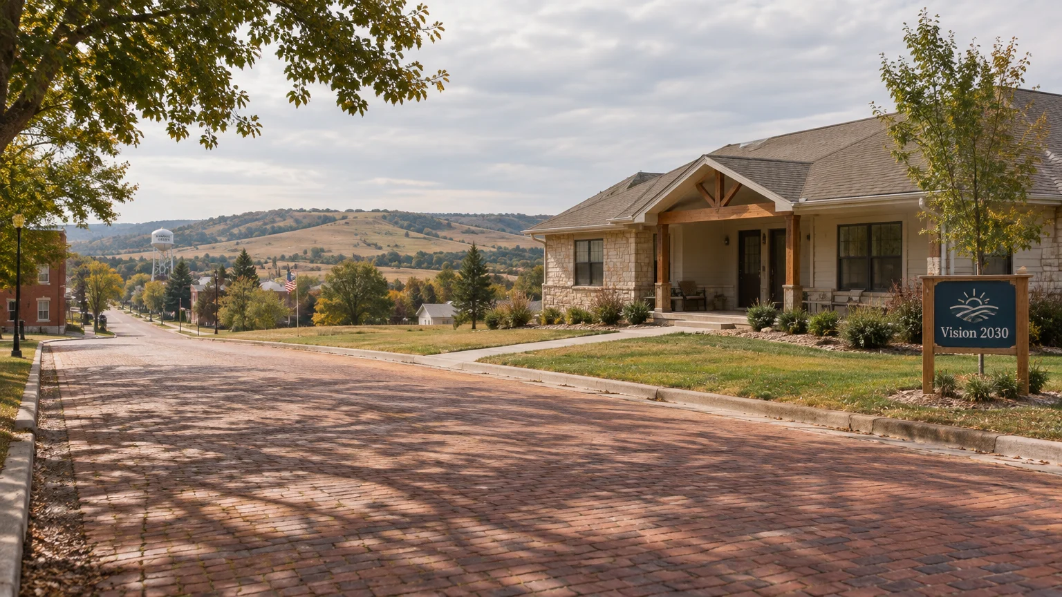 Brick street leading past a single-story ranch home with a Vision 2030 sign toward rolling Nebraska hills.