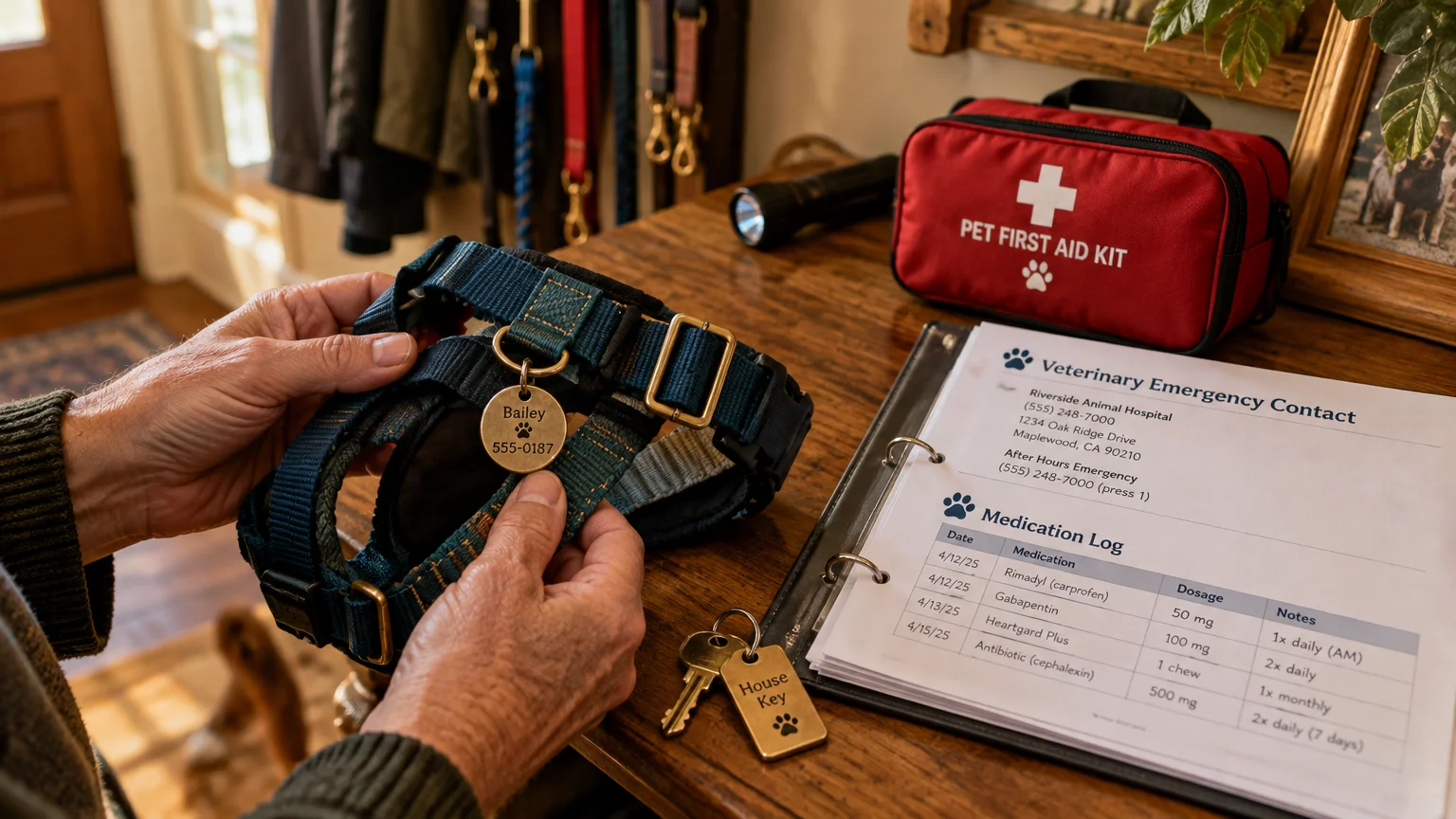 Hands hold a dog harness beside house keys, a pet first aid kit, and an emergency contact binder on a wooden table.