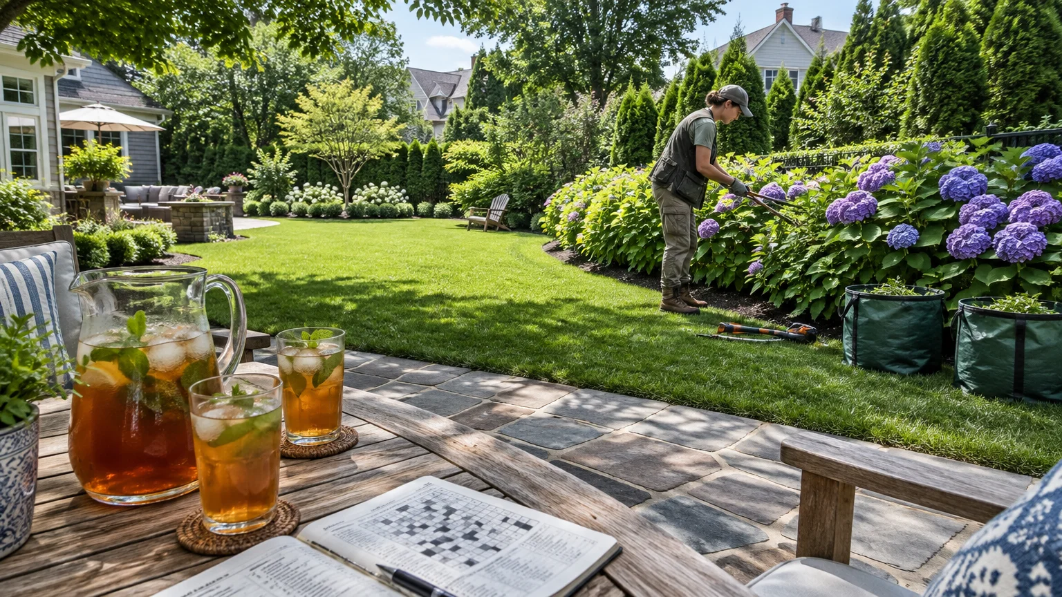 Patio table with iced tea and a crossword puzzle overlooking a landscaper trimming purple hydrangeas in a lush backyard.
