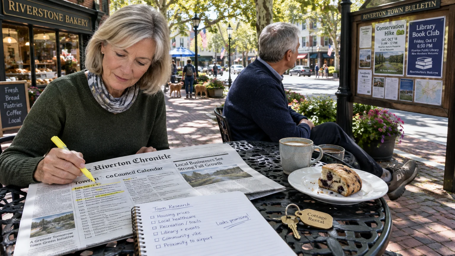 A woman highlights a newspaper at an outdoor cafe table beside a research notebook, pastry, and cottage rental key.