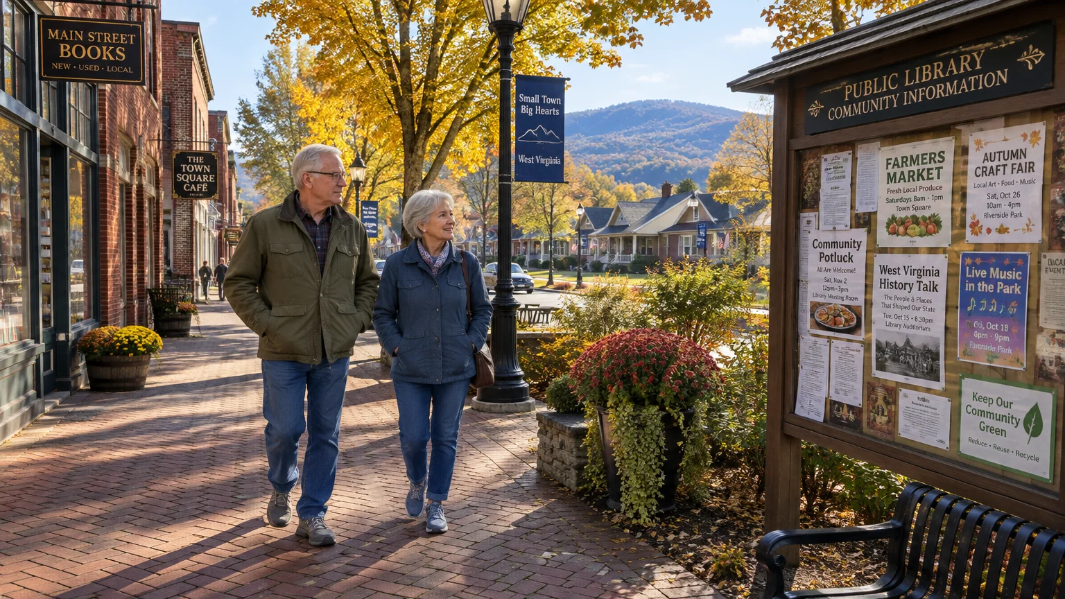 Older couple walking down a brick sidewalk in a small mountain town lined with shops and a community bulletin board.
