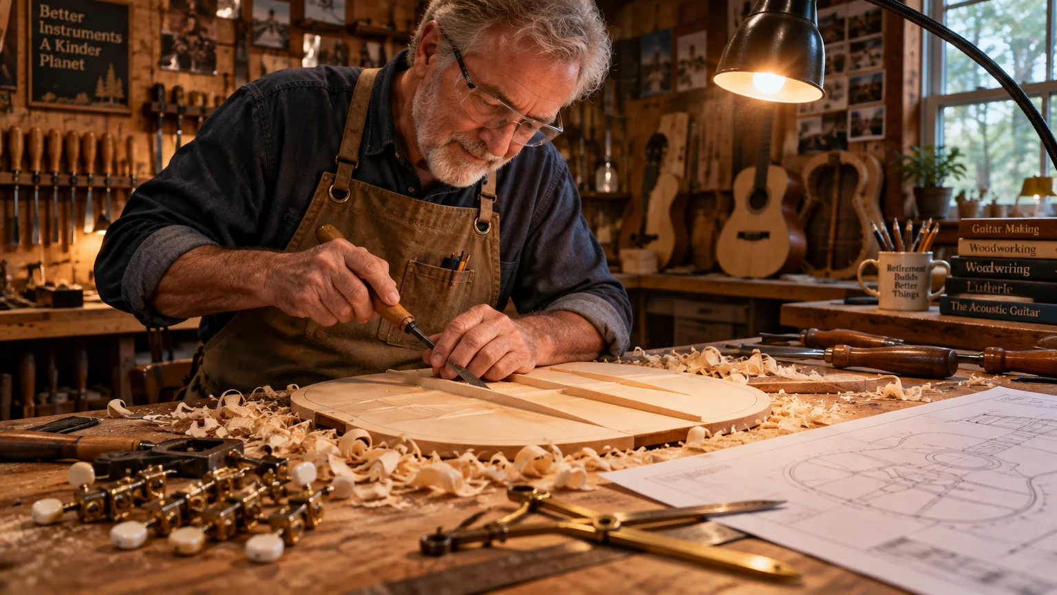 An older man wearing glasses and an apron carves a guitar soundboard with a chisel at a workbench in a workshop.