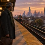 Senior man holding a briefcase on an elevated train platform at sunset with a city skyline in the background.