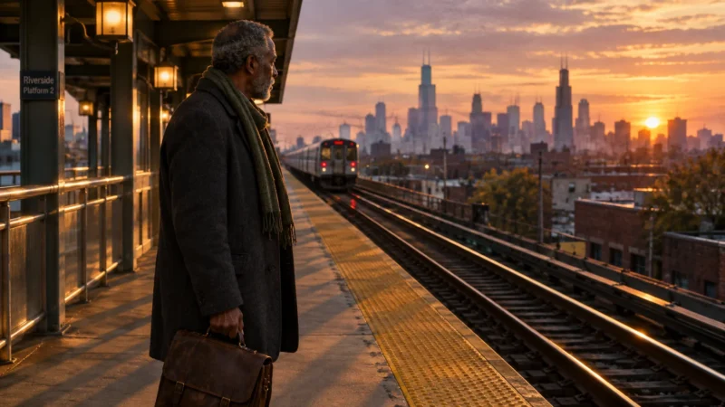 Senior man holding a briefcase on an elevated train platform at sunset with a city skyline in the background.