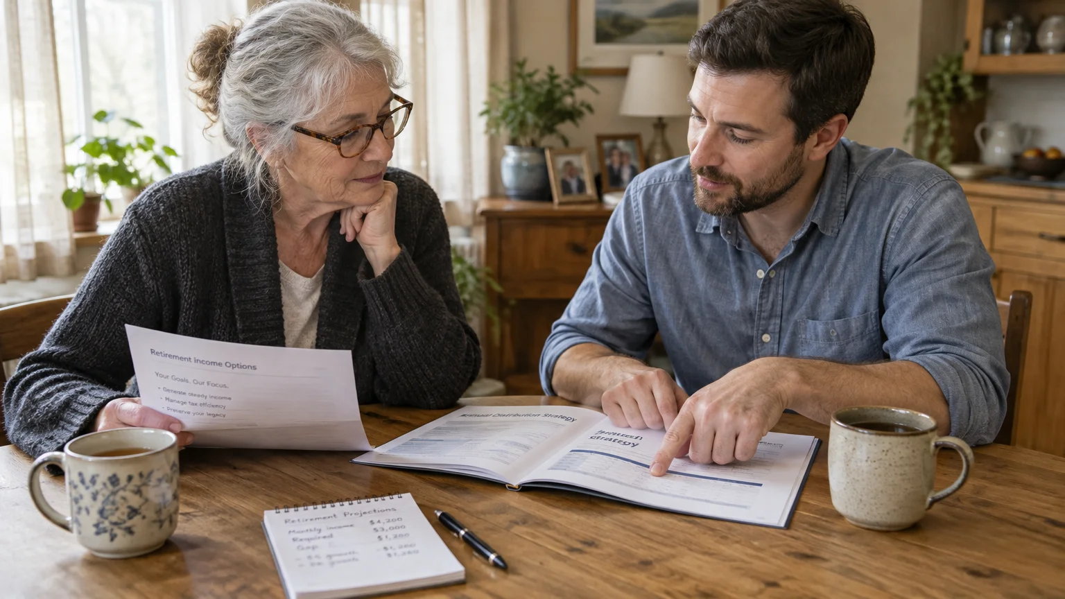 A man and an older woman sit at a wooden table reviewing retirement planning documents together.