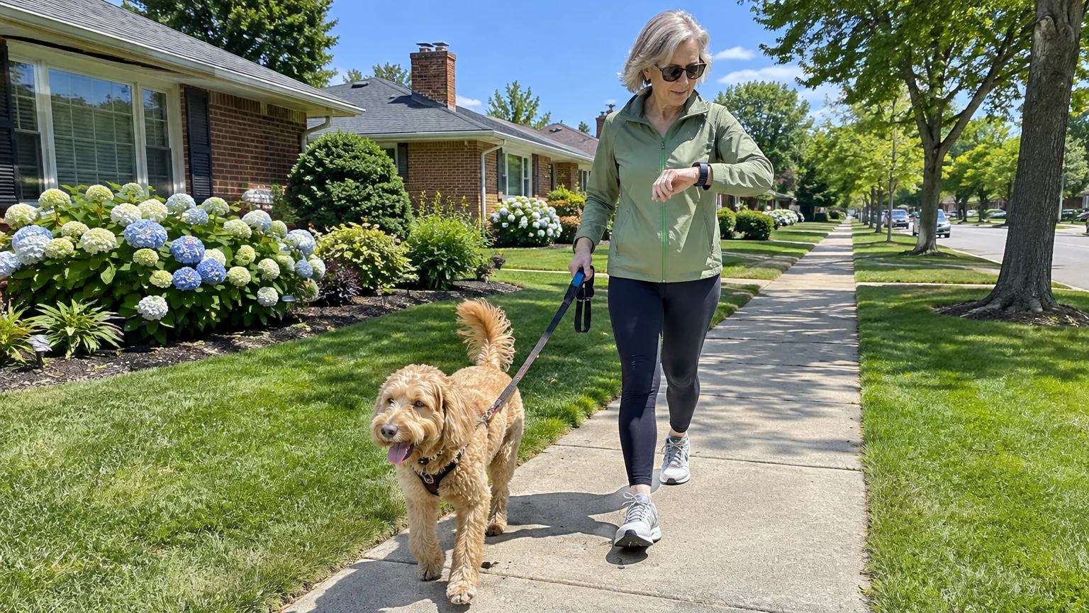 A woman checks her watch while walking a golden doodle on a leash along a suburban sidewalk.