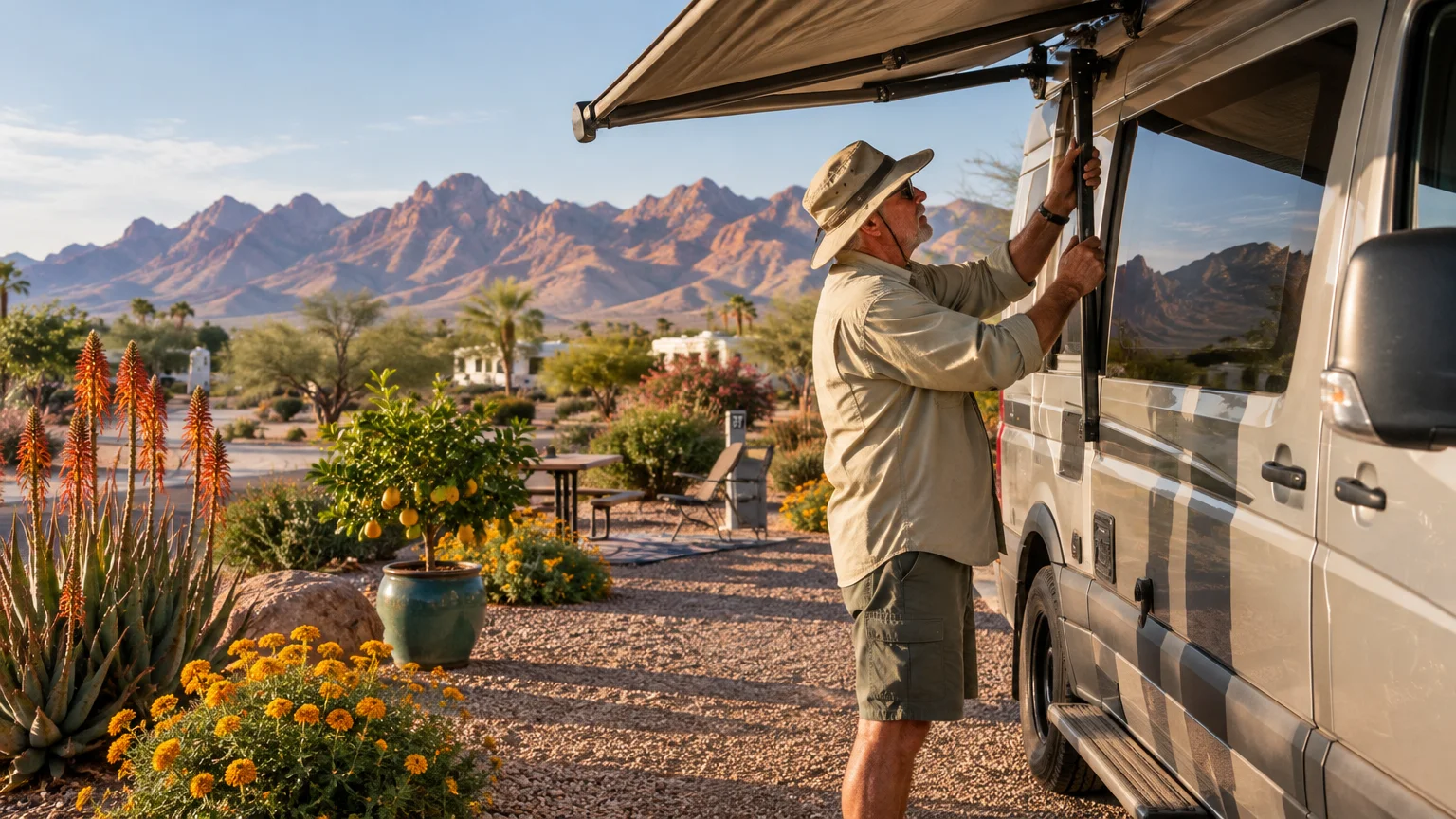 A man adjusting the awning on a camper van parked at a desert campsite with mountains in the background.