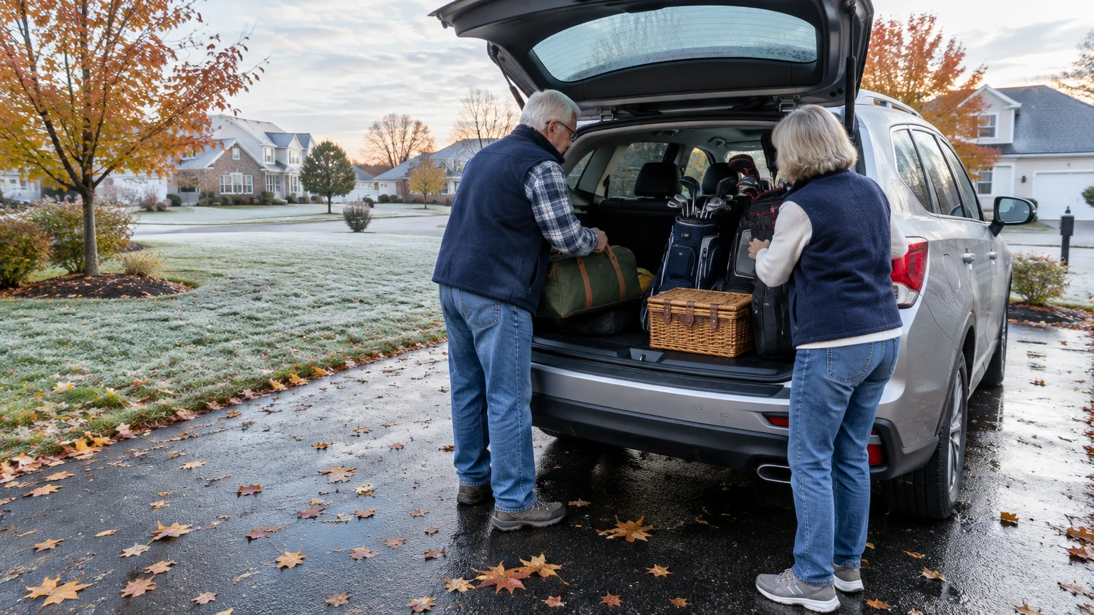 An older couple packs luggage and golf bags into the open trunk of an SUV on a frosty suburban driveway.