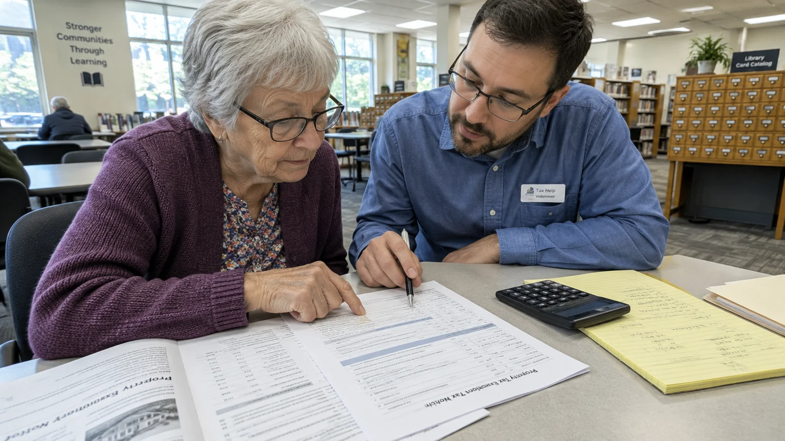 A senior woman and a male tax help volunteer review paperwork and a calculator together at a library table.