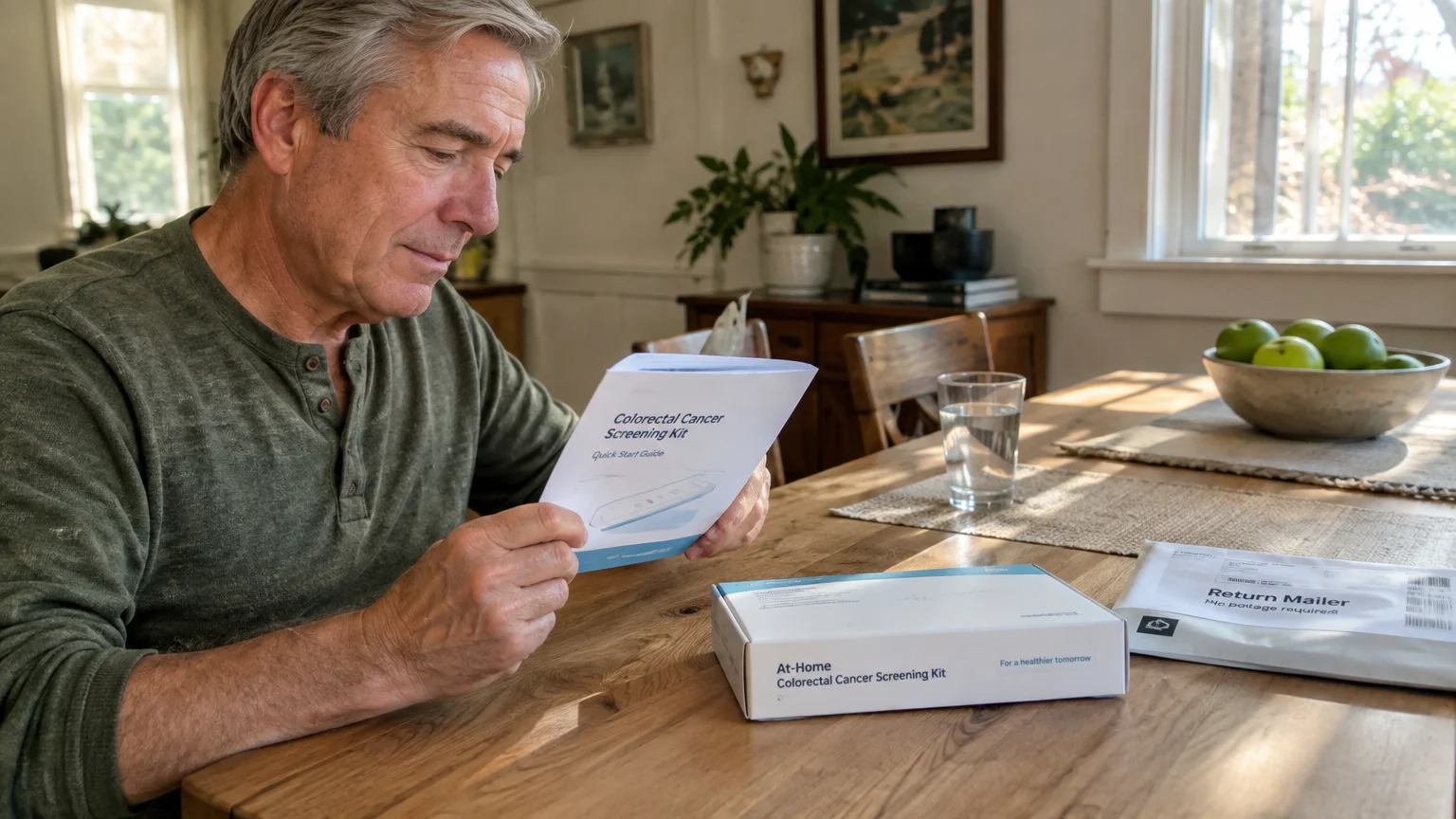 Older man sitting at a dining table reading instructions for an at-home colorectal cancer screening kit.