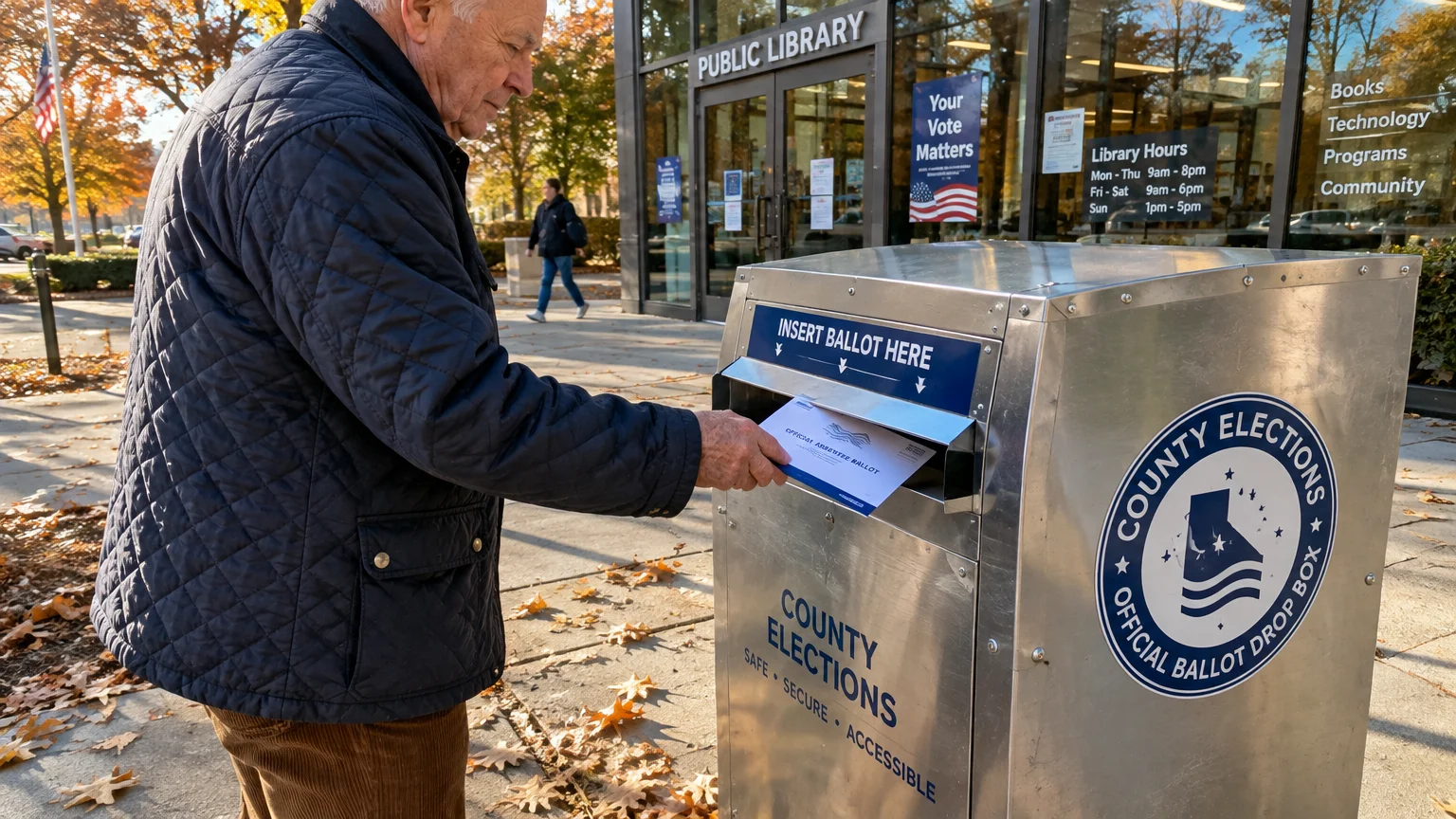 An older man in a navy quilted jacket drops an absentee ballot into an official county elections drop box outside a library.