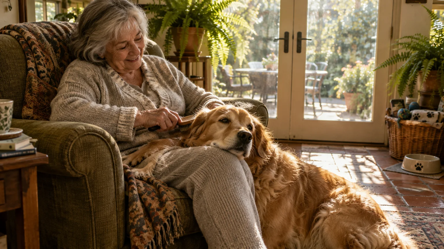 Smiling older woman sitting in an armchair brushes a golden retriever resting its head on her lap in a sunlit room.