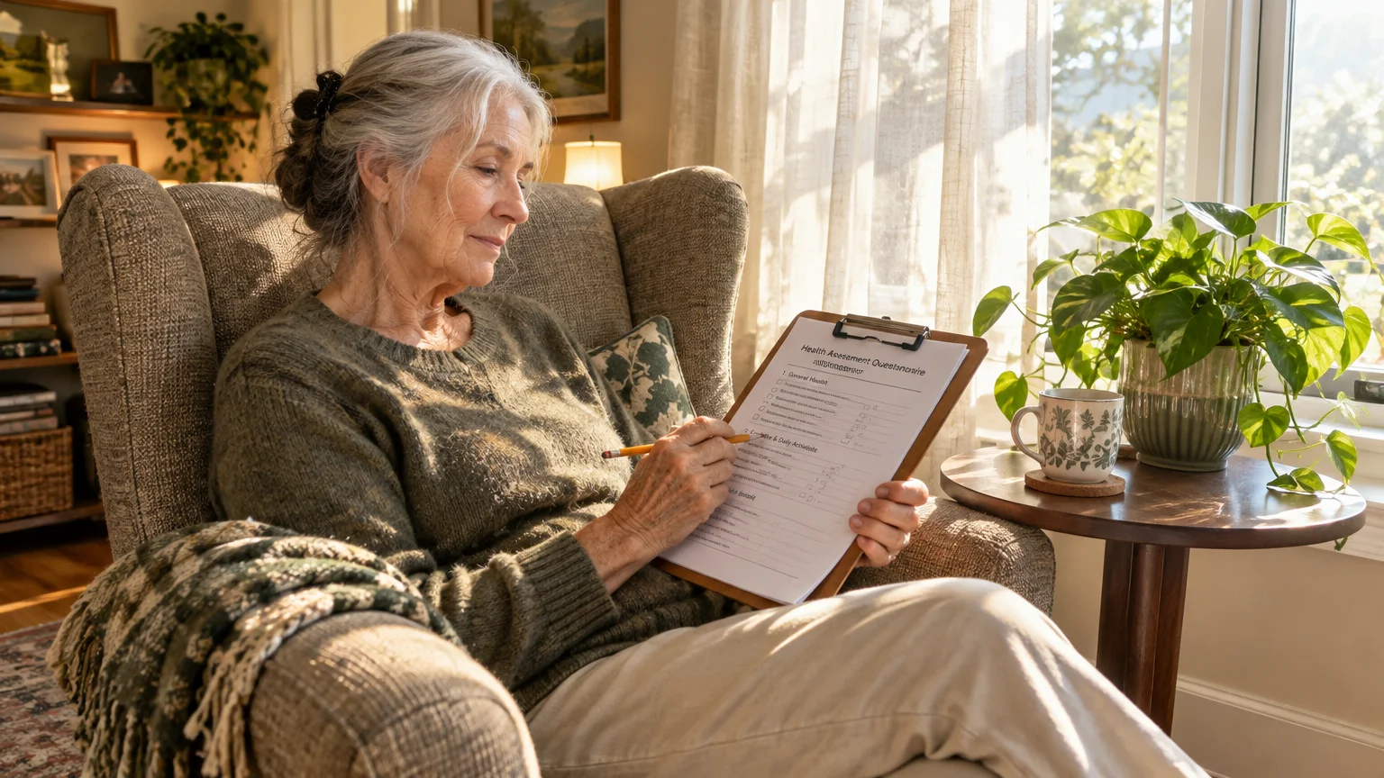 A senior woman sits in an armchair by a window, filling out a health questionnaire on a clipboard with a pencil.