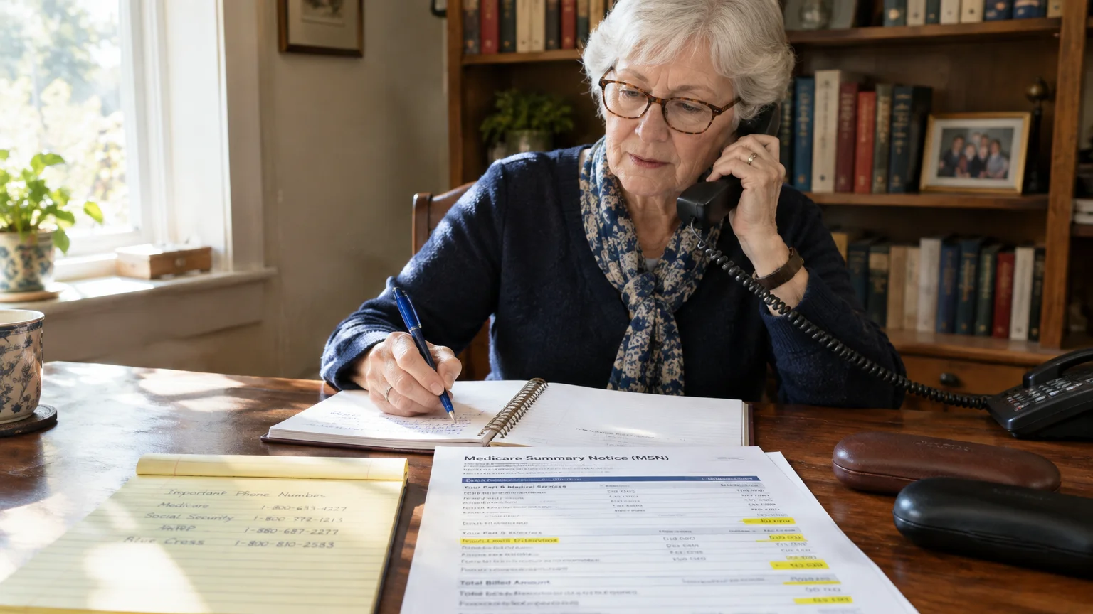 Senior woman on a landline phone taking notes above a Medicare Summary Notice and yellow notepad at a desk.