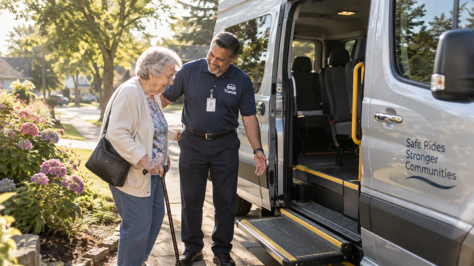 A smiling transit driver helps an elderly woman with a cane step out of an accessible passenger van on a residential street.