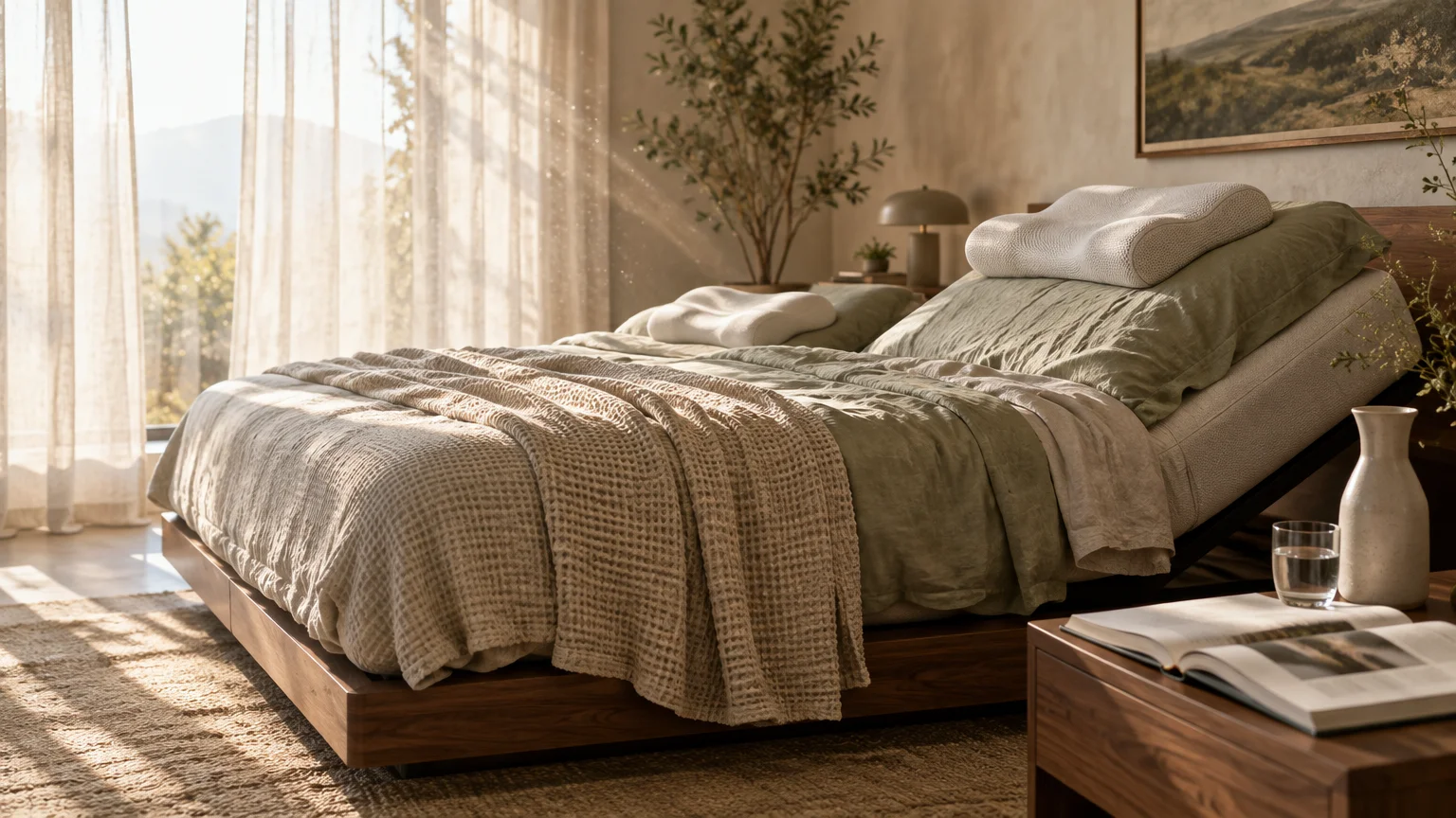 Adjustable bed with an elevated headrest, ergonomic pillows, and green linens in a sunlit bedroom.