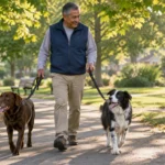 A smiling older man walks a brown Labrador and a black-and-white border collie along a paved park path.