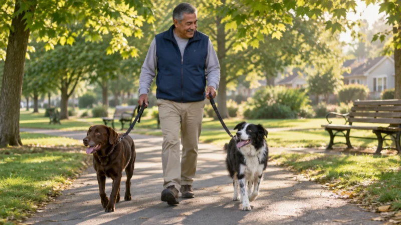 A smiling older man walks a brown Labrador and a black-and-white border collie along a paved park path.