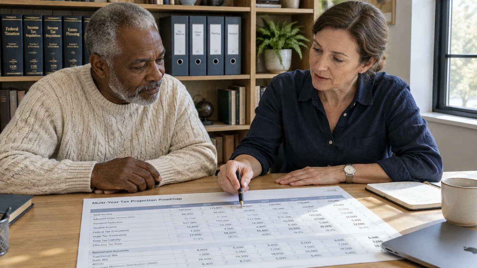 A woman points a pen at a multi-year tax projection roadmap on a table while an older man looks on.