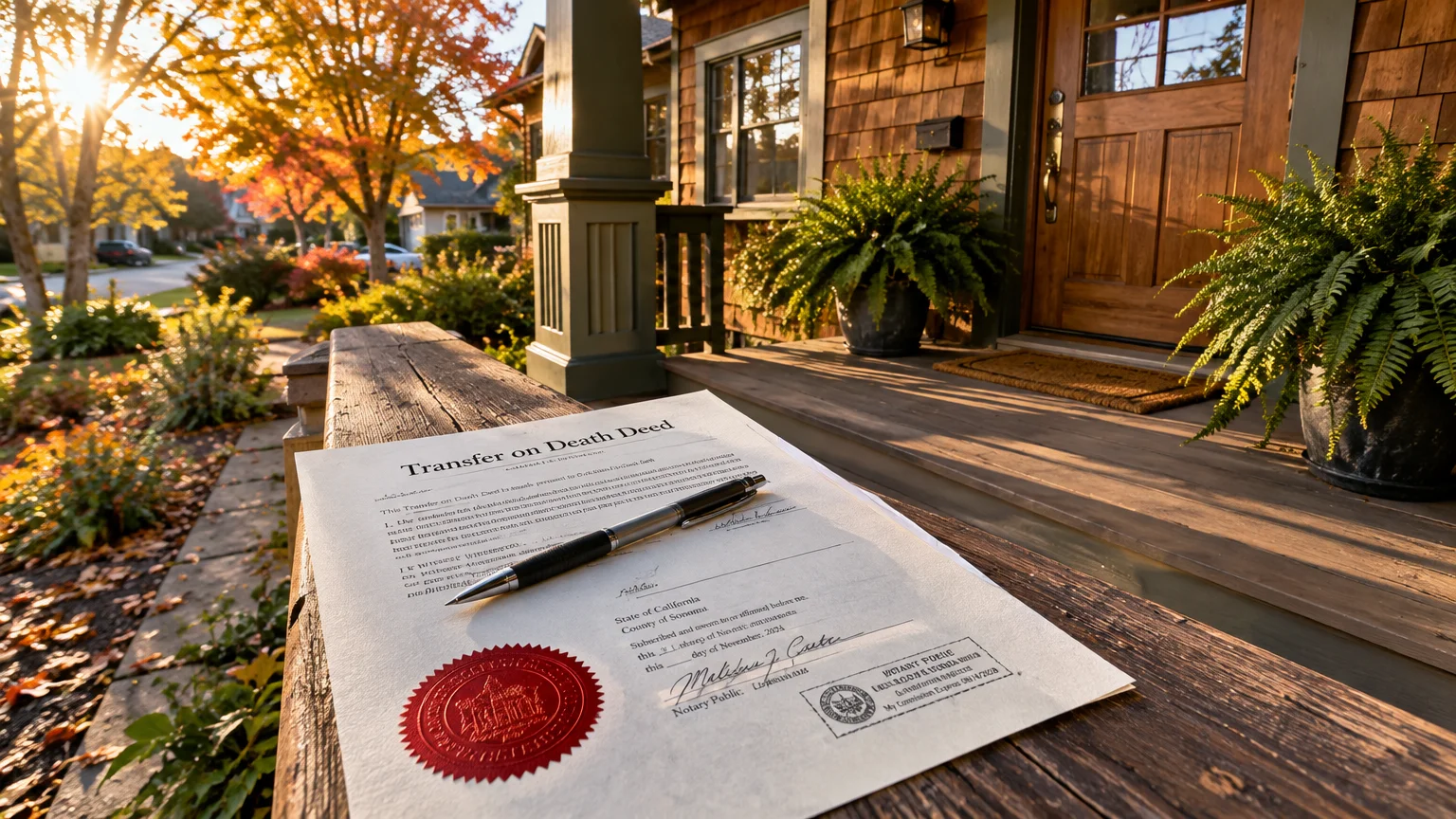 A Transfer on Death Deed with a pen and red notary seal rests on a wooden porch railing outside a craftsman home.