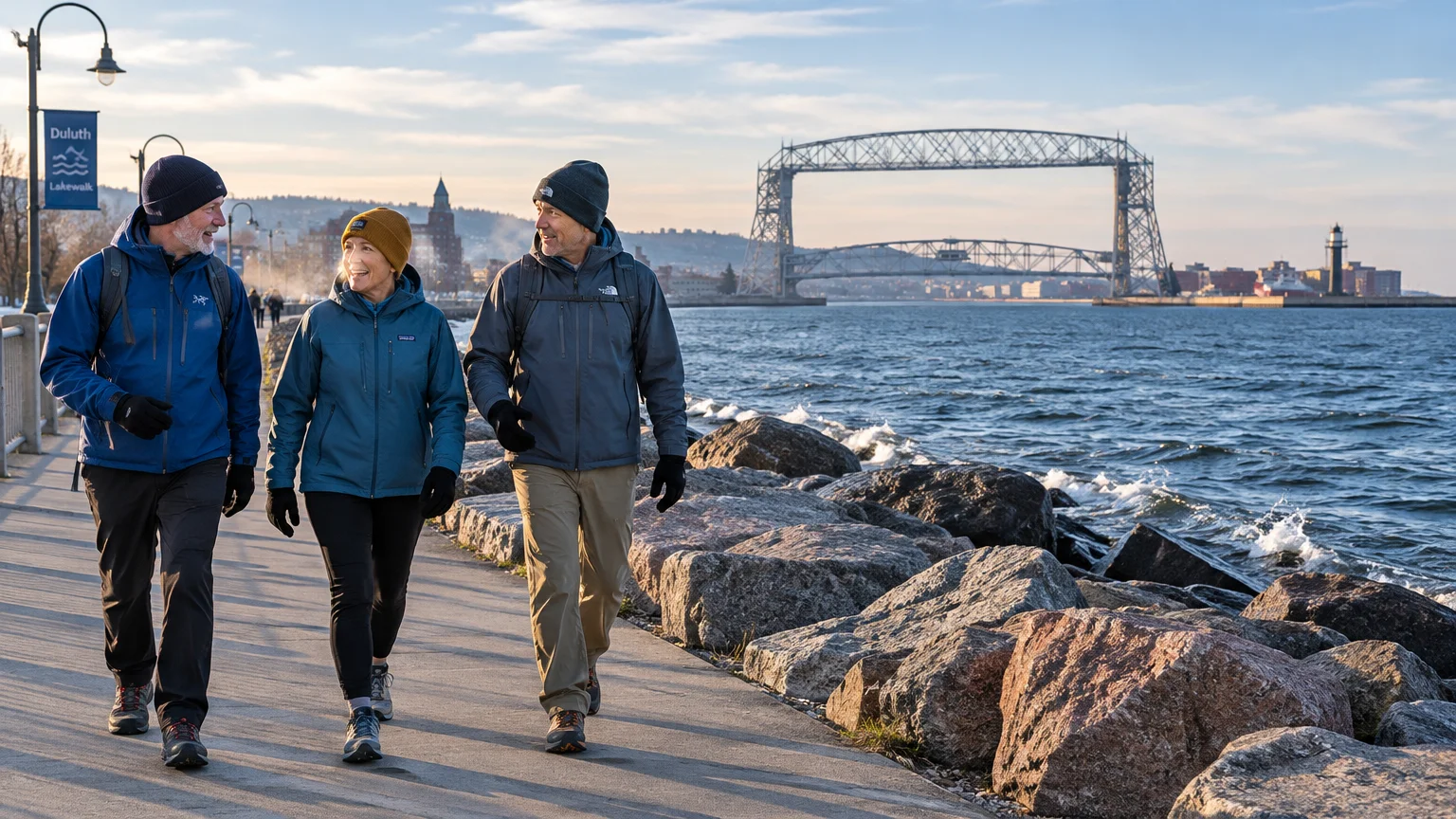 Three people in winter jackets walk along a paved waterfront path with the Duluth Aerial Lift Bridge in the background.