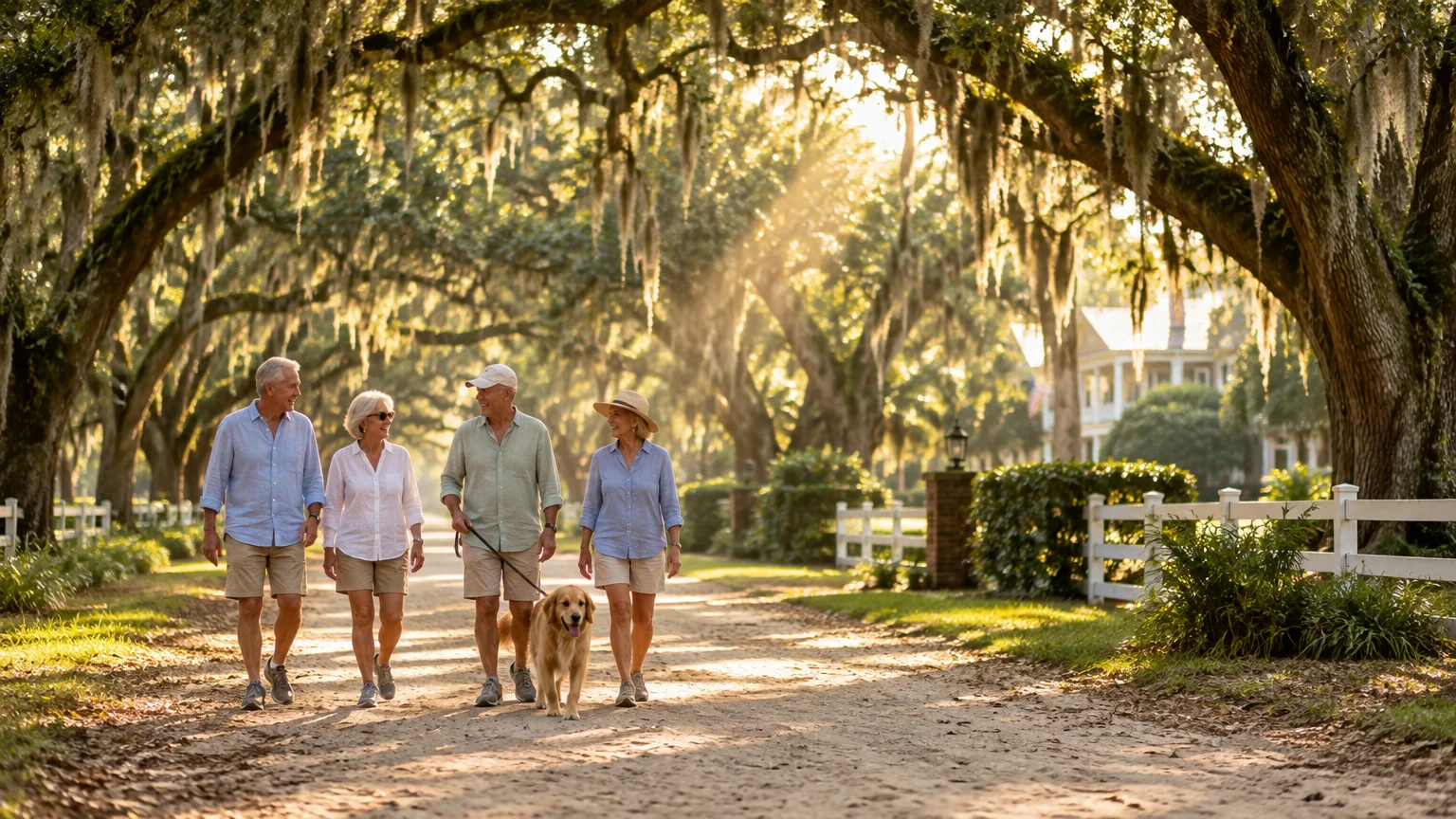 Four older adults walk a golden retriever along a dirt road beneath large live oak trees draped in Spanish moss.