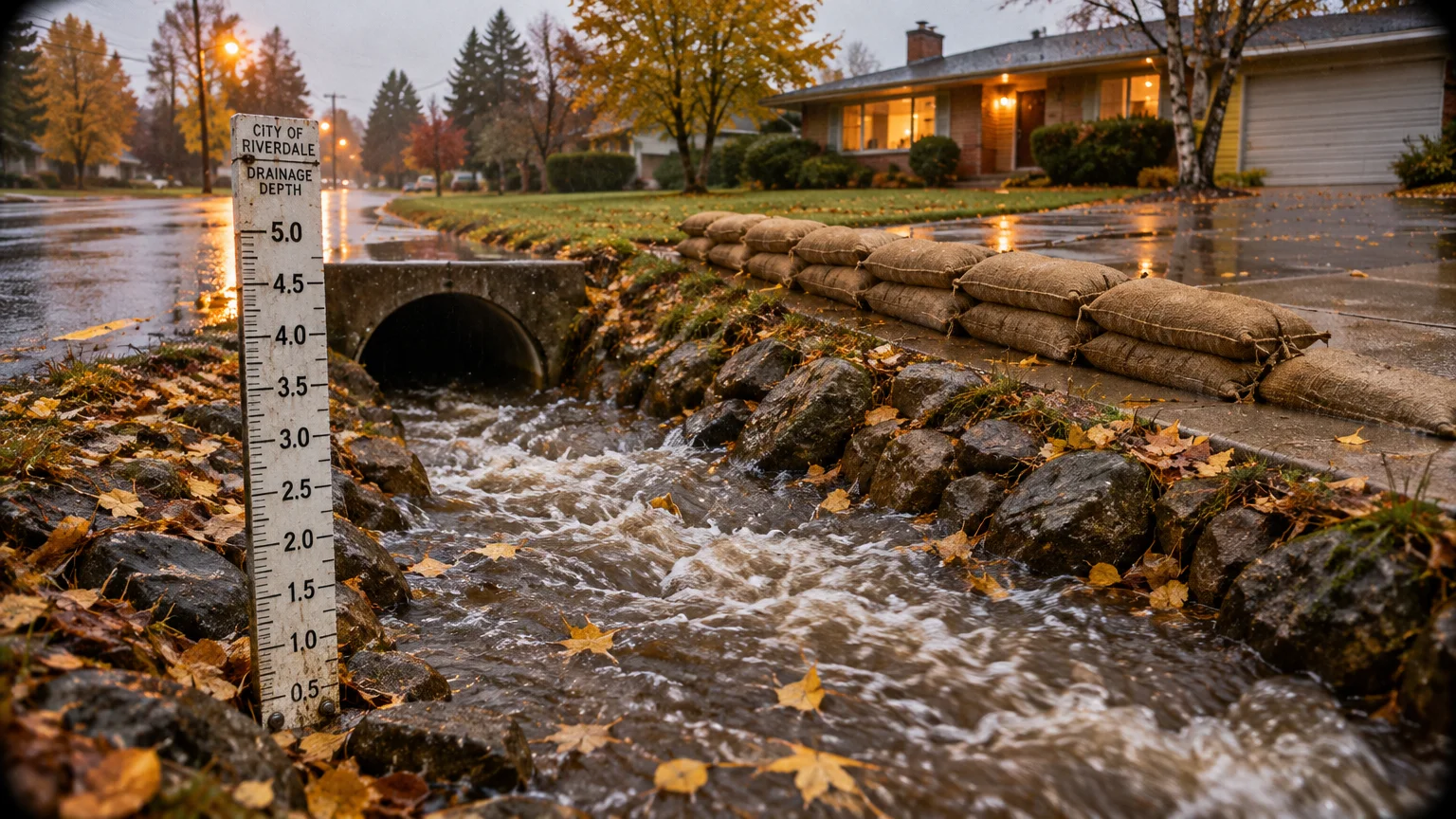 Water rushes through a rocky drainage culvert beside a depth marker and sandbags protecting a suburban driveway in the rain.